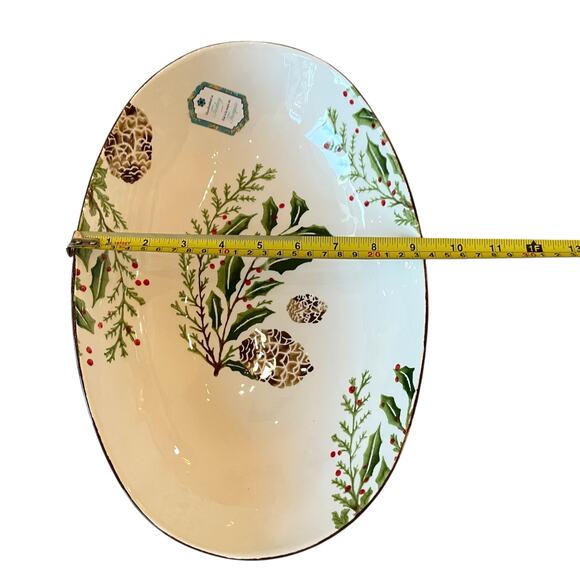 Papart Handpainted Turkish Serving Bowl 14x9 Ceramic Holiday Pinecone Holly NEW - Picture 8 of 15